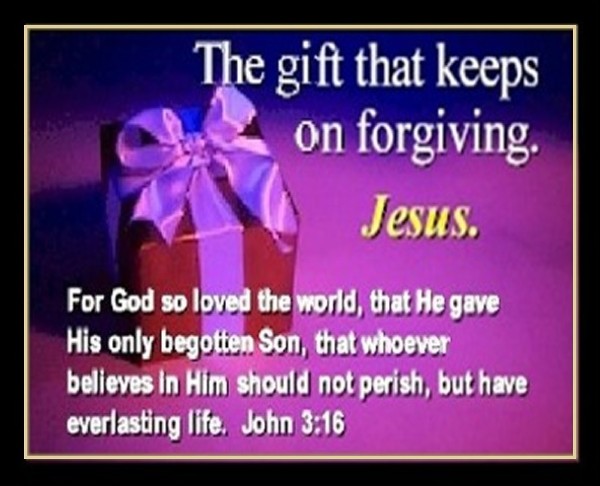 purple and blue picture of a gift with the written  bible  quote John 3:16