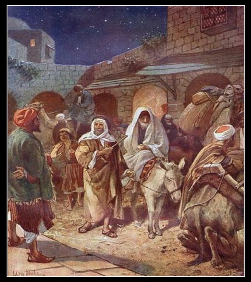 image Joseph and Mary riding into Bethlehem.